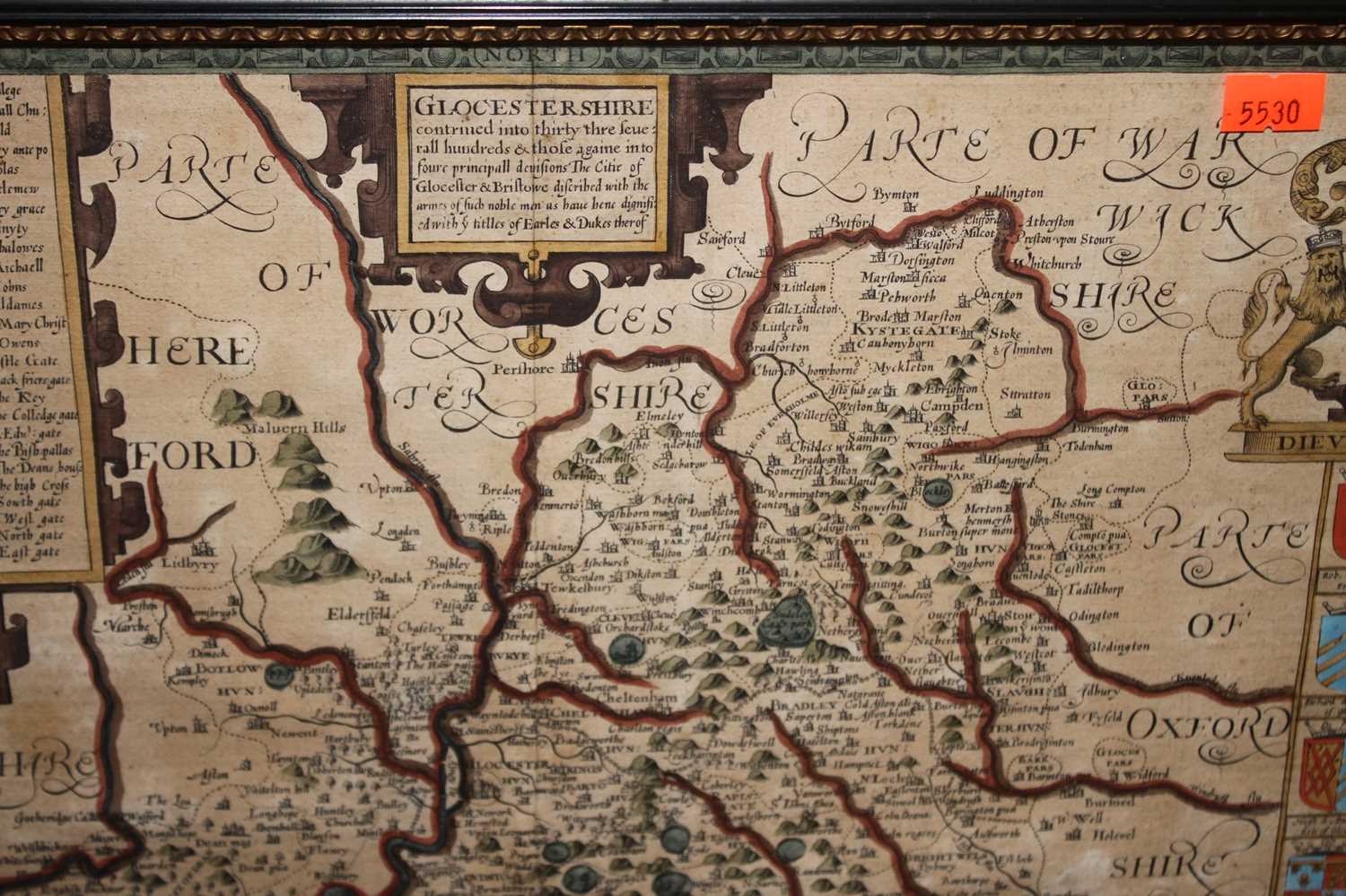 John Speed - county map of Gloucestershire, engraved and hand coloured, and within inset town - Image 3 of 9