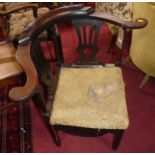 A George III mahogany tub corner elbow chair, having upholstered fixed pad seat (for re-upholstery)