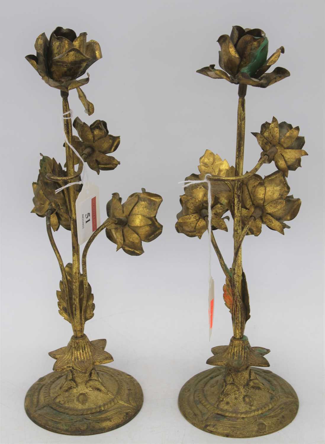 A pair of Art nouveau brass floral candlesticks, h.31cm