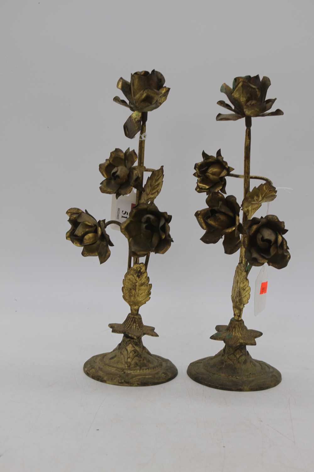 A pair of Art nouveau brass floral candlesticks, h.31cm - Bild 4 aus 4
