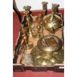A collection of 19th century and later metalware, to include Victorian brass candlesticks