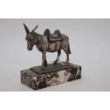 A continental paperweight, white metal model of a donkey, mounted upon a polished marble hardstone