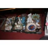 Three boxes of glass and ceramics, to include a Victorian vaseline glass table centrepiece and a