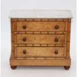 A 19th century marble topped birds-eye maple apprentice chest, w.32cmMarble is split in two.