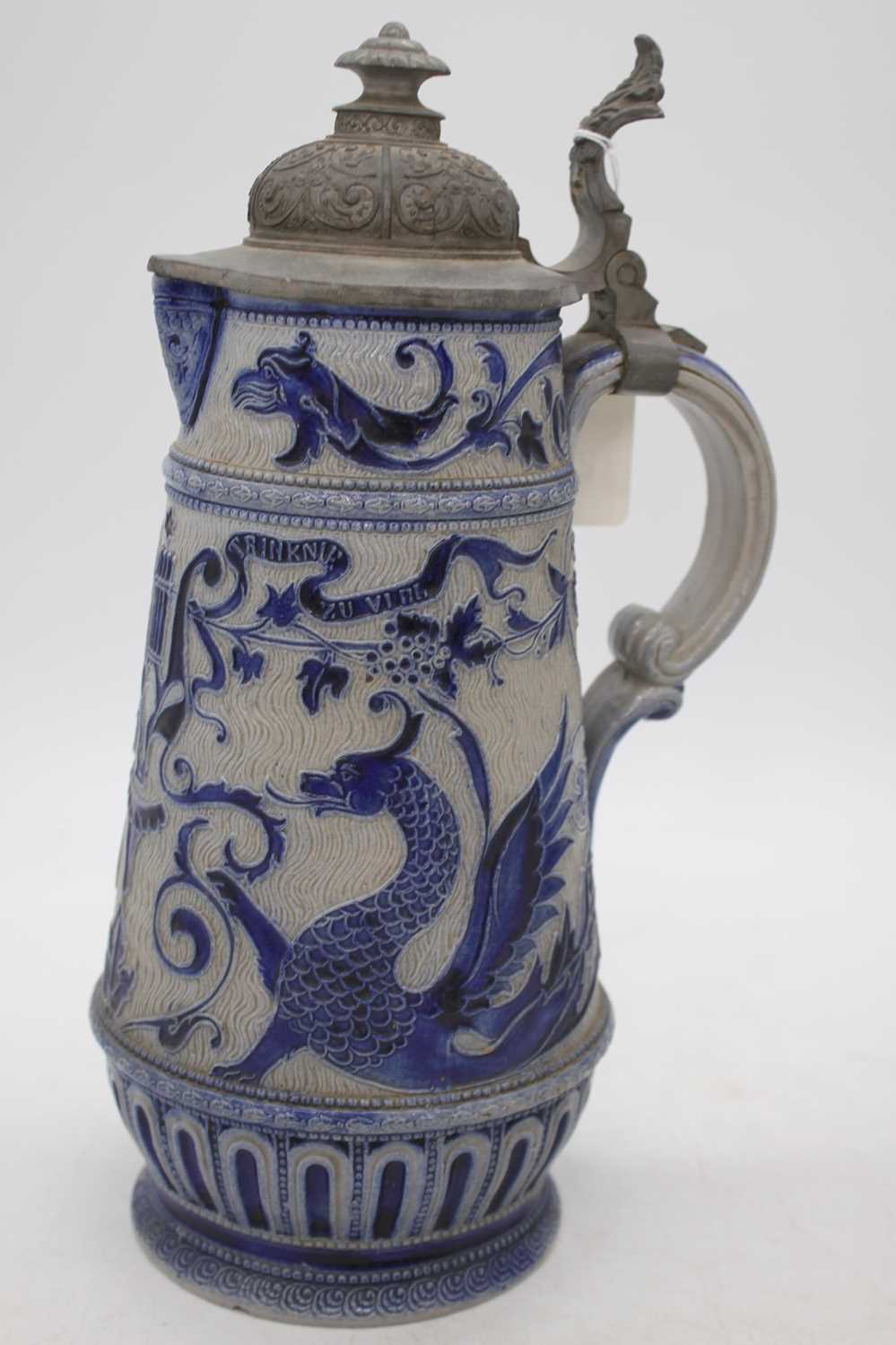 Two Rhineland stoneware jugs, each decorated with mythical creatures, the largest h.31cm - Bild 2 aus 6