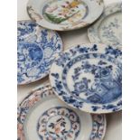 A collection of five 18th century Delft tin-glazed earthenware plates, the largest dia.22cm (a/f)