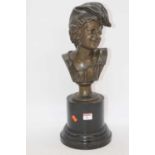 A 20th century bronzed bust of a young boy, upon a socle base and ebonised plinth, h.50cm