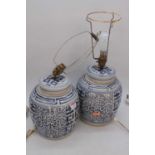 A pair of 20th century Chinese blue and white glazed table lamps, each decorated with the symbol for