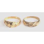 Two yellow metal dress rings, the first in a twist design set with six 1.3mm white stones on the