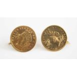A pair of yellow metal three-dollar piece earrings, with screw fittings, coin diameters each