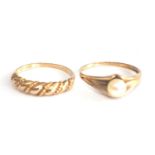 Two 9ct yellow gold dress rings, one featuring a 5.8mm cultured pearl, size P½, gross weight 2.3g,