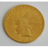 United States Of America, 1913 gold ten dollar coin, obv: native american bust above date, rev: