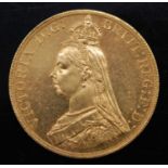 Great Britain, 1887 gold five pound coin, Victoria jubilee bust, rev; St George and Dragon above