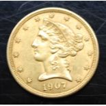 United States Of America, 1907 gold five dollar, obv; Liberty head above date, rev; American eagle