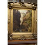 Mid 19th century school - Figures at rest before a waterfall, oil on canvas, re-lined, 35x29cm