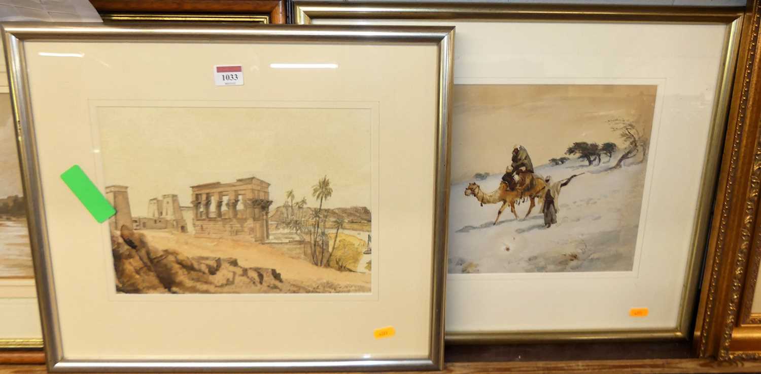 G H Gail - Temple Ruins, watercolour, 23 x 30cm; and Henry A Harper - Travellers with camel,