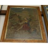 A Victorian woolwork depicting girl and dogs before a thatched cottage, 70x56cm, in original