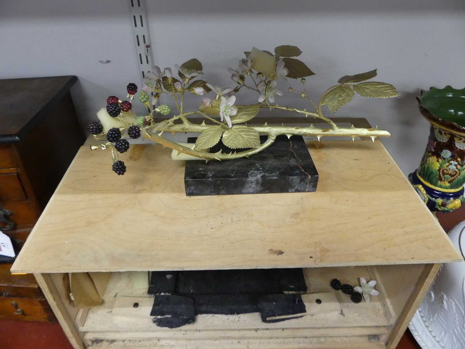 Ronald van Ruyckevelt, a bone china and gilt bronzed model of a blackberry branch, on a marble - Image 4 of 4