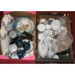 Two boxes of miscellaneous china and glassware, to include a pair of Staffordshire spaniels, cut