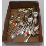 A set of eight silver plated teaspoons; together with a set of French silver forks and spoons