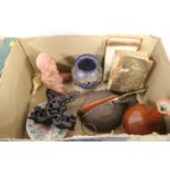 A box of miscellaneous items to include a Chinese enamel decorated porcelain dish, and a Chinese