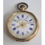 A continental yellow metal cased lady's fob watch, having engraved case, the gilded dial signed by