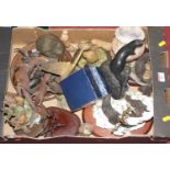 A box of miscellaneous items, to include various Border Fine Arts resin figures, brass desk ornament