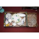 Two boxes of miscellaneous china and glassware, to include a Wade Memory jar and cover, set of three