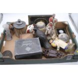 A box of miscellaneous items, to include a Staffordshire pearlware figure of Don Quixote,