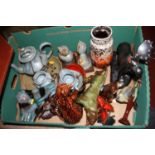 A box of miscellaneous items, to include Blue Mountain pottery animals, West German pottery vase etc