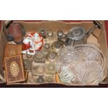 A box of miscellaneous items, to include Indian carved hardwood boxes, glass inkwells, pewter teapot