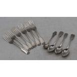 A set of four Victorian Scottish silver dessert forks; together with two other similar examples;