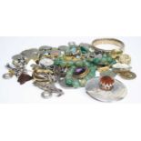 Assorted costume jewellery, to include silver and engraved hinged bangle, hardstone beaded necklace,