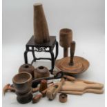 A collection of treen to include Chinese carved hardwood stand