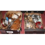 Two boxes of miscellaneous items, to include an Arts & Crafts style hammered pewter three-piece