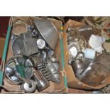 Two boxes of metalware, to include a silver plated coffee pot and serving trays