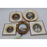 A collection of four reproduction portrait miniatures, the largest 10 x 5cm; together with a small