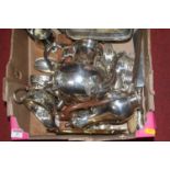 A box of miscellaneous metalware, to include Old Sheffield Plate hot water jug, Old Sheffield