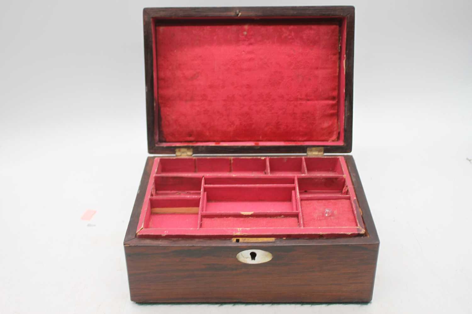 A Victorian rosewood and mother of pearl inlaid workbox having a partially fitted interior, width - Image 2 of 2