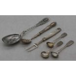 A small collection of silver and white metal flatware, to include 19th century mustard spoons,