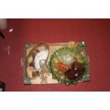 A box of miscellaneous glassware, to include Jack-in-the-Pulpit vase, carnival glass twin handled