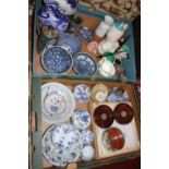 Two boxes of ceramics and metalware, to include table cruet sets (note that the Chinese blue and