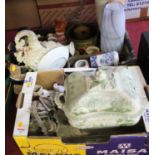 Two boxes of glassware and ceramics, to include a Victorian green transfer decorated tureen