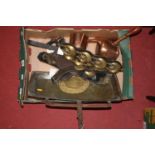 A box of miscellaneous metalware, to include 19th century brass and iron trivet, copper saucepans,