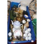 A box of ceramics and metalware, to include a Chinese blue and white teapot and brass table