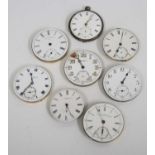 Eight various circa 1900 pocket watches movements and dials (only), to include JW Benson, Waltham,