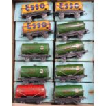 Ten pre-war Hornby-Dublo tank wagons: three buff Esso, six Power Ethyl with hand and one Royal