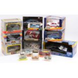Two boxes containing a collection of Polistil, Mira, and Guisval mixed scale diecast vehicles, to