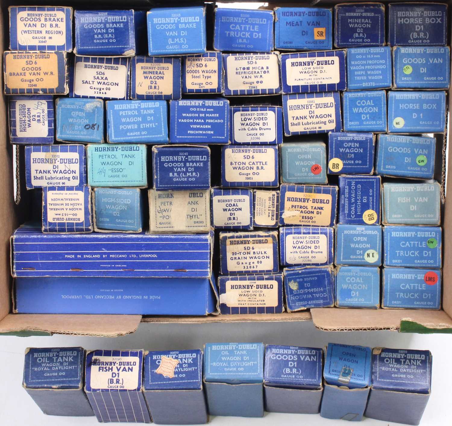 Half size supermarket tray containing 65 post-war Hornby-Dublo goods wagons, all boxed. A wide