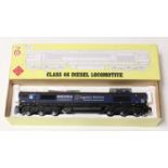 An Aristocraft No. ART-23204 G-scale model of a Malcolm Logistics Class 66 diesel locomotive appears